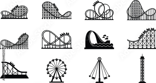 Amusement park rides collection roller coasters ferris wheel and other attractions