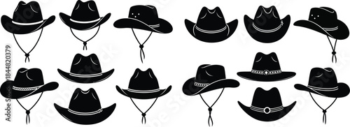 A collection of black cowboy hats displayed in a grid arrangement