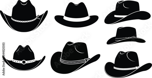A collection of black cowboy hats in various styles and shapes