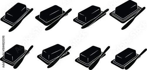 A collection of stylized butter blocks with knives on a white background