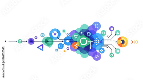 Abstract technological data flow visualization with interconnected colorful geometric shapes and nodes on a