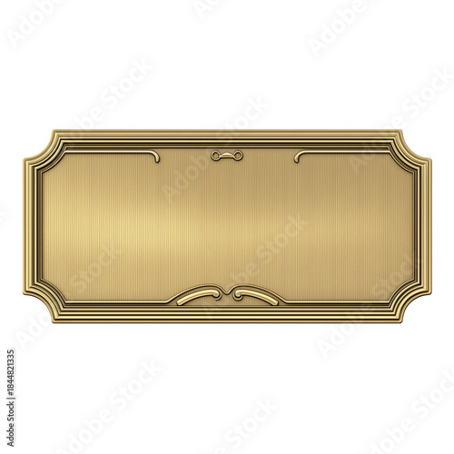 Gold plaque with intricate scrollwork and hanging loop on transparent background