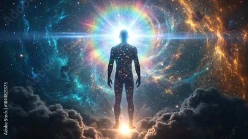 Ethereal Human Silhouette with Radiant Rainbow Aura in Cosmic Nebula, Representing Spiritual Enlightenment & Universal Energy
