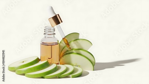 Dropping Skincare Serum with Green Apple Slices on White Background