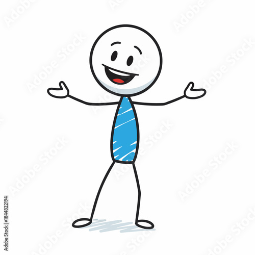 Happy stick figure with open arms welcoming or presenting a concept or idea.