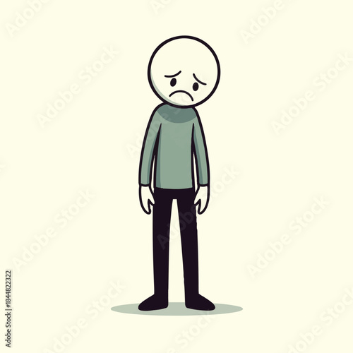 A simple stick figure drawing of a sad person with a downturned mouth and eyebrows, wearing a green shirt and dark pants, standing alone.