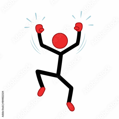 Excited red and black stick figure jumping with arms raised and fists clenched, expressing joy and success.