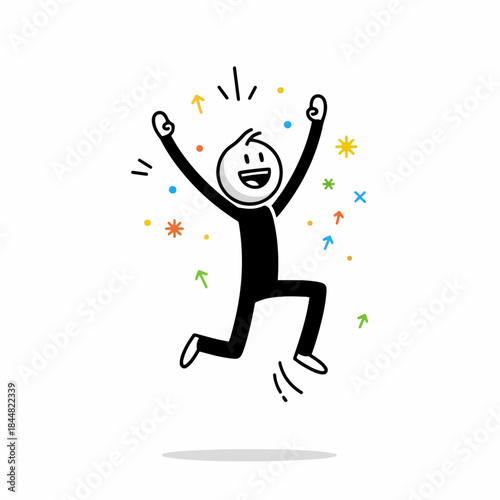 A stick figure person jumping happily with arms raised, surrounded by colorful confetti and stars, expressing excitement and success.