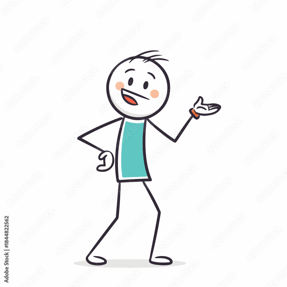 Fototapeta premium Smiling stick figure character gesturing with an open hand, wearing a teal shirt and an orange wristband, in a dynamic pose.