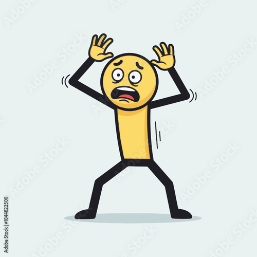 A scared yellow stick figure cartoon character with wide eyes and raised hands, expressing fear or shock on a light background.