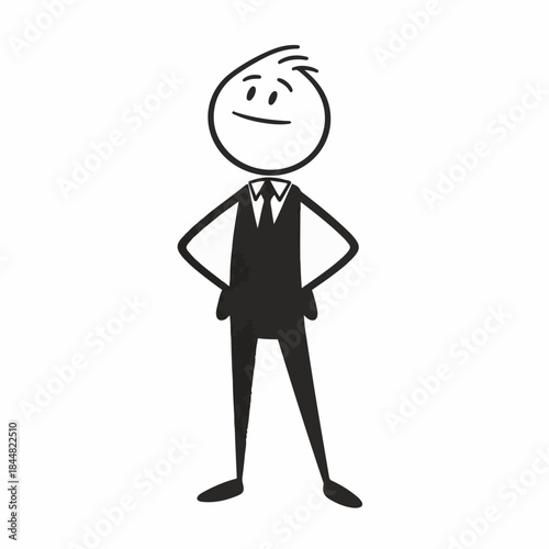 A confident stick figure man in a suit and tie with hands on hips, standing against a white background, exuding a sense of self-assurance.