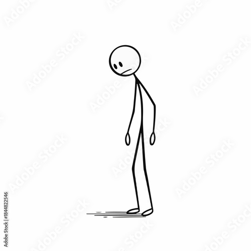 A simple black and white stick figure standing with a sad and dejected expression, looking downwards.