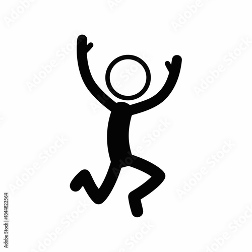 A black stick figure is depicted jumping with arms raised in a joyful and energetic pose.