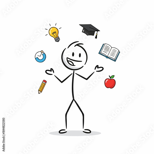 A happy stick figure juggling various educational and knowledge-related items like a lightbulb, clock, pencil, graduation cap, book, and apple, symbolizing learning and multitasking.