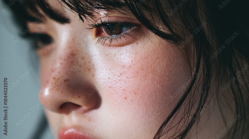 Fototapeta premium A young person with noticeable freckles gazes off to the side. Light creates soft shadows on the face highlighting features in a bright space. The focus is on expression and detail.