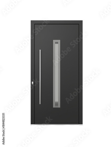 Sleek modern door with frosted window and metallic handle on transparent background