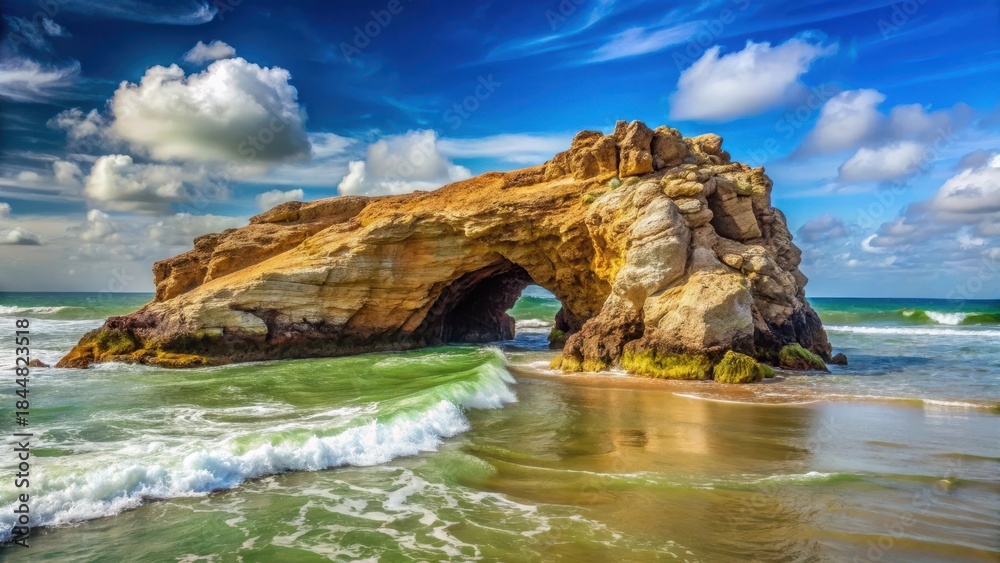 Fototapeta premium Unique rock outcropping on Jericoacoara's shoreline showcasing a natural opening in the stone face partially submerged in the ocean