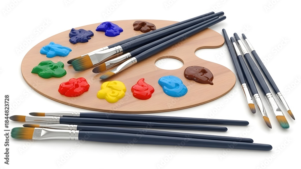 Obraz premium A still life of an artist's palette and paint brushes, ready for creative expression