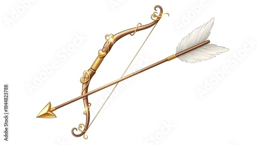 An ornate golden bow and arrow, poised and ready. The arrow's fletching is made of feathers, and the bow is adorned with elegant details