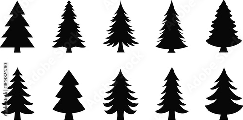 Collection of various pine tree silhouettes on transparent background