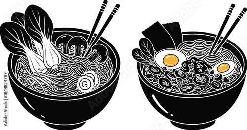 Detailed ramen bowls with toppings a captivating black and white silhouette on transparent background