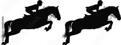 Two equestrian silhouettes jumping with horses on transparent background