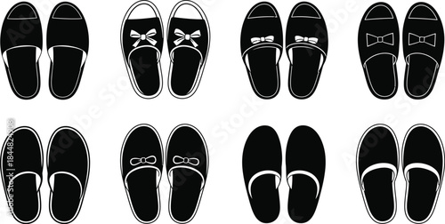 Various styles of black shoes displayed in a row silhouette on transparent background