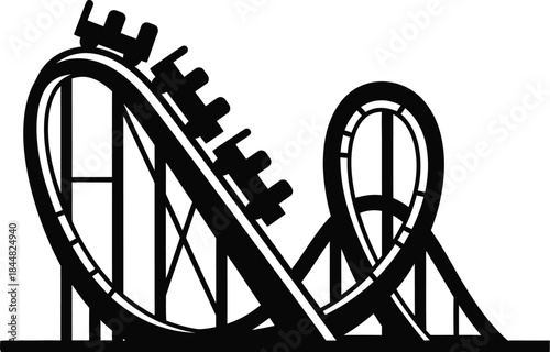 Black roller coaster illustration with looping track on transparent background silhouette