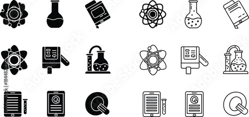 Science icons set with chemistry physics and research elements on transparent background silhouette