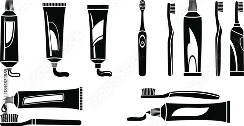 Dental hygiene products collection with tubes brushes and bottles on transparent background silhouette