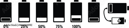 Battery charge level indicators with percentages a modern design on transparent background silhouette