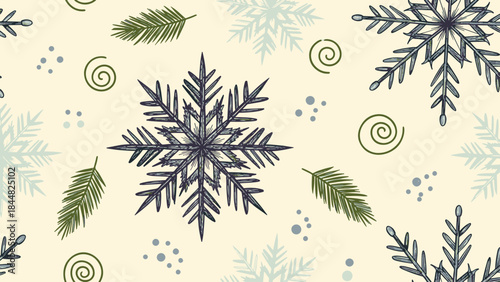 Cozy seamless Christmas pattern with hand-drawn snowflakes, pine needles, and festive winter elements, perfect for holiday decoration.