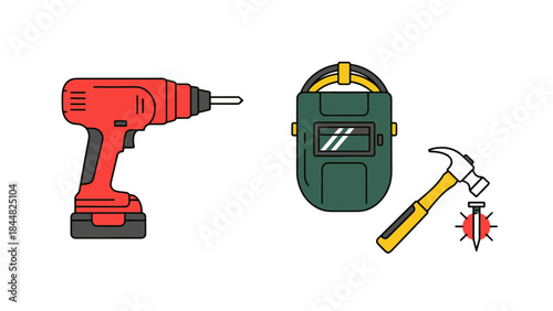 Essential construction and DIY tools graphic: power drill, welding mask, hammer, and plumb bob for building tasks.