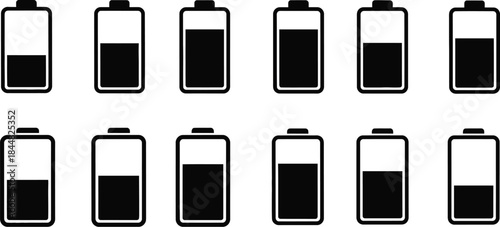 Six battery charge level indicators with varying fill on transparent background silhouette