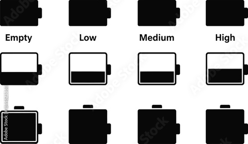 Battery level indicators with labels showcasing charge states on transparent background silhouette