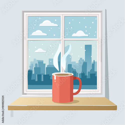 Hot coffee cup on windowsill overlooking snowy city skyline winter morning cozy indoor relaxation beverage