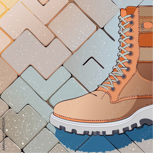 Hiking boot standing on textured paving stones outdoor footwear adventure travel exploration rugged sole lace up