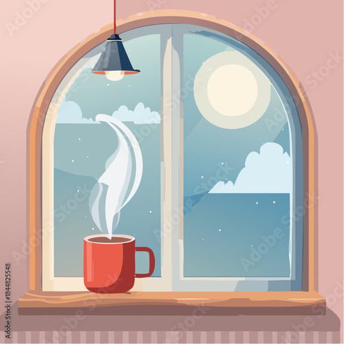 Cozy winter scene hot beverage steaming mug window view snowy night indoor comfort warm drink soft light relaxation