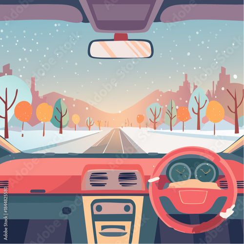 Driving view from car windshield winter road trip snowy landscape sunset horizon dashboard interior travel adventure