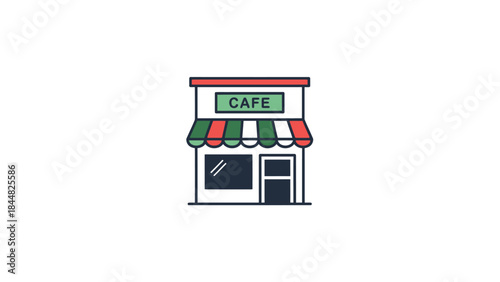 Charming Cafe Building Facade with Awning and Sign.