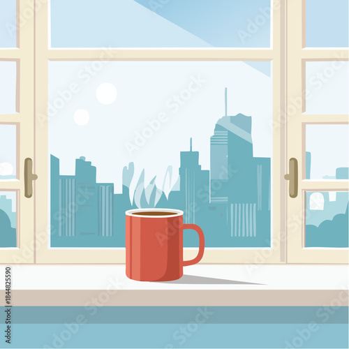 Morning coffee view cityscape window hot beverage steam rising urban skyline cozy atmosphere relaxation time bright day