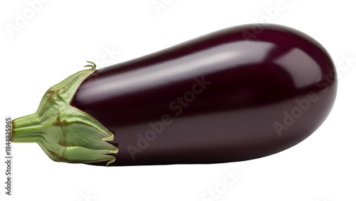Fresh dark purple eggplant with green calyx isolated on white background, perfect for culinary and vegetable