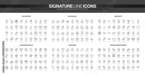 Comprehensive set of thin line icons covering car service, dealership, parts, maintenance, charging, and repair concepts for automotive industry isolated vector illustration