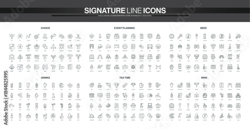 Collection of thin line icons covering choice, event planning, beer, drinks, tea time, and wine themes, featuring modern minimalist style isolated vector illustration