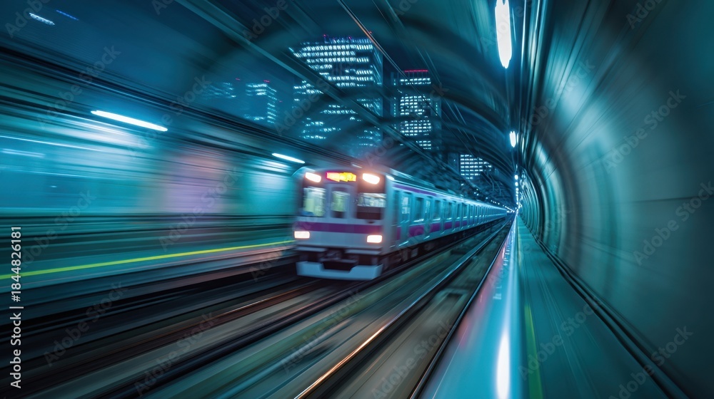 Fototapeta premium A train travels through a dark tunnel with bright lights reflecting off the walls. The scene shows the speed and movement of the train in an urban area at night.