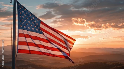 American flag waving in sunset sky, suitable for patriotic, national, independence day, memorial, pride, american culture, and historical themes.