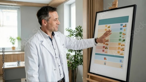 Male dietician in a white coat consulting a patient, pointing at a food chart on an easel and explaining a personalized meal plan for weight loss and balanced eating in a modern clinic