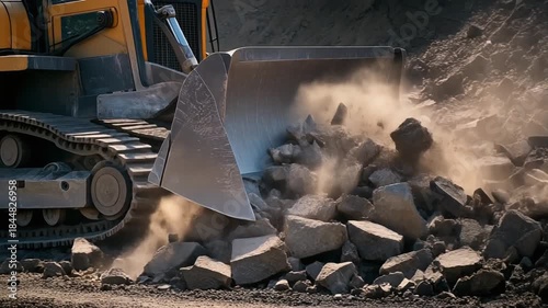  a bulldozer lifting rocks and debris with its blade, rugged terrain
