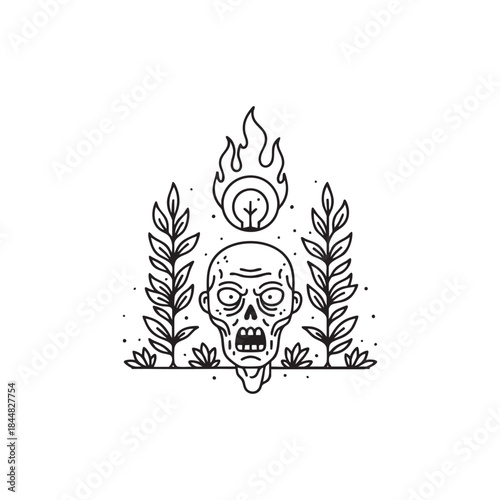 Horror Zombie Undead Head Emerging from Ground Surrounded by Botanical Wreath and Mystical Fire Light Bulb Symbol Vector Art.