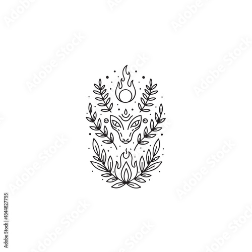 Occult Fox or Wolf Head Symbol Adorned with Mystical Flames, Crescent Moon, and Symmetrical Laurel Wreath Tattoo Design.